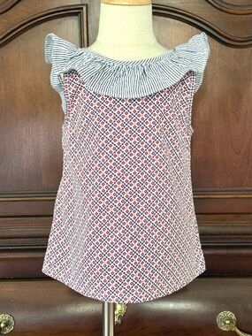 Bella Bliss Girls Red Blue Geometric Print Ruffle Tank Top Size 5 Patriotic
